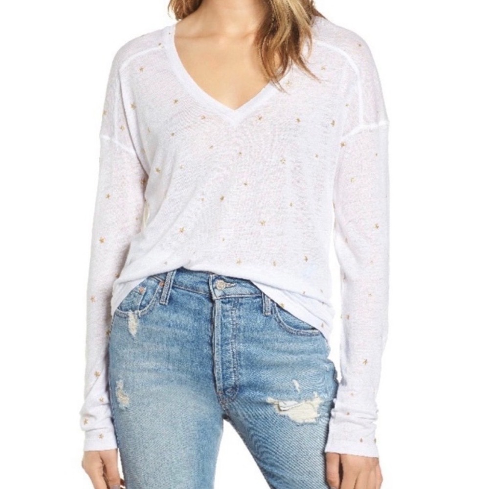 Rails‎ Sami Top White Gold Foil Star Linen Blend V-Neck Long Sleeve L